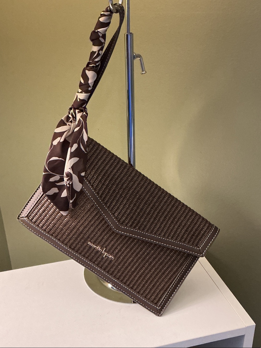 Nanette Lepore NWT AIZA Wristlet Maple Woven Straw Clutch Patterned Scarf Handle